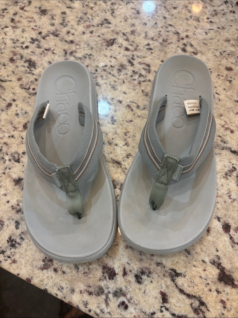 NOT AVAILABLE Chaco Women's Light Gray and Olive Green Thong Sandals
